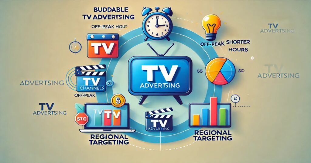 Vector illustration of affordable TV ad strategies with icons for budget channels, off-peak times, shorter ads, regional targeting, and TV plus digital channels