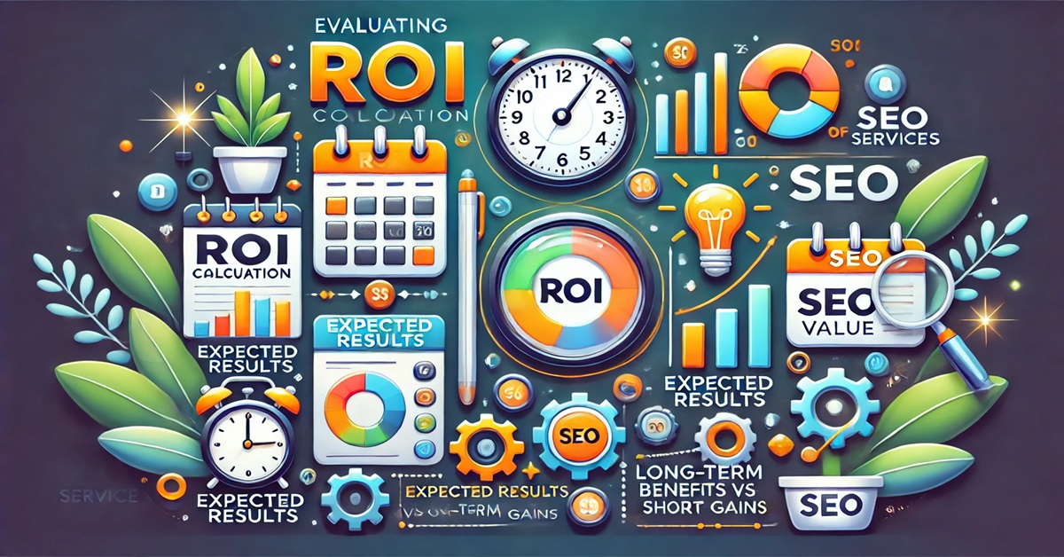 Vector illustration of SEO ROI with calculator, timeframes, and balance icons