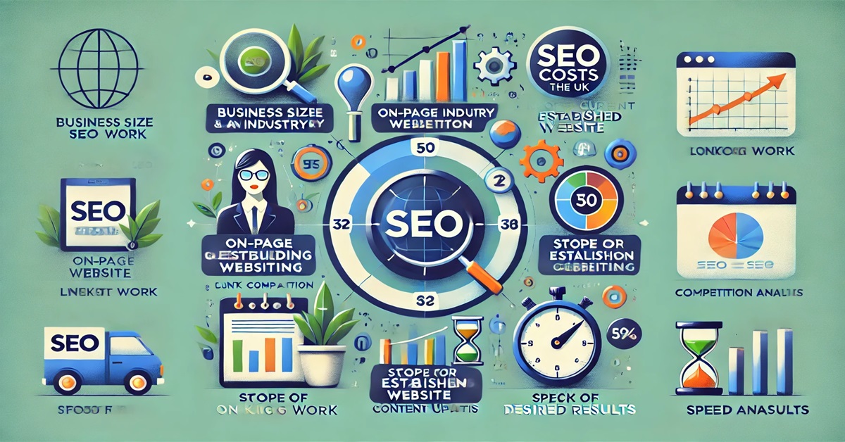 Modern vector illustration showing factors influencing SEO costs with icons