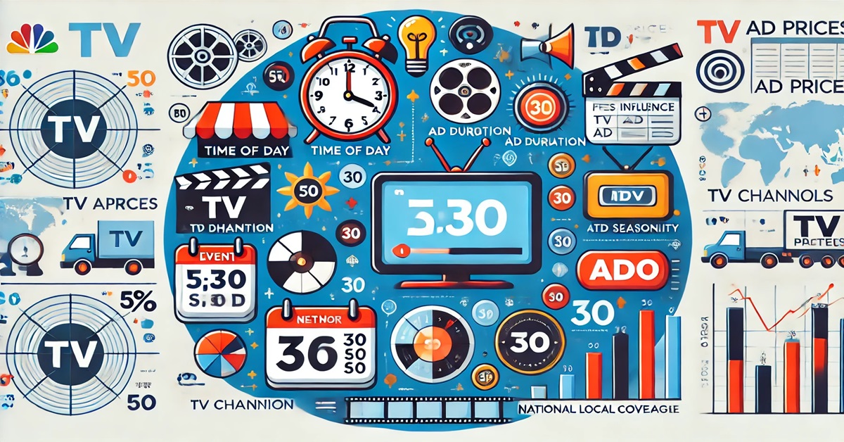 Vector illustration of TV ad pricing factors with icons for time, duration, channels, seasonality, and national vs. local coverage