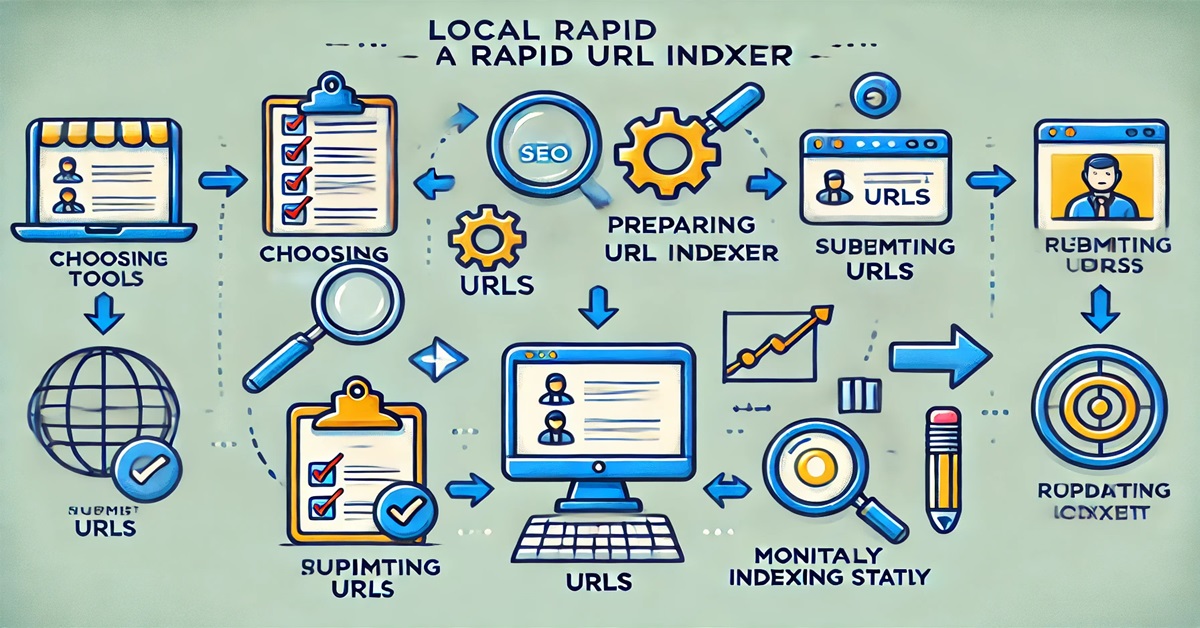 Vector illustration of a step-by-step guide for Local SEO URL indexing with icons like tools, checklists, submit buttons, and monitoring graphs