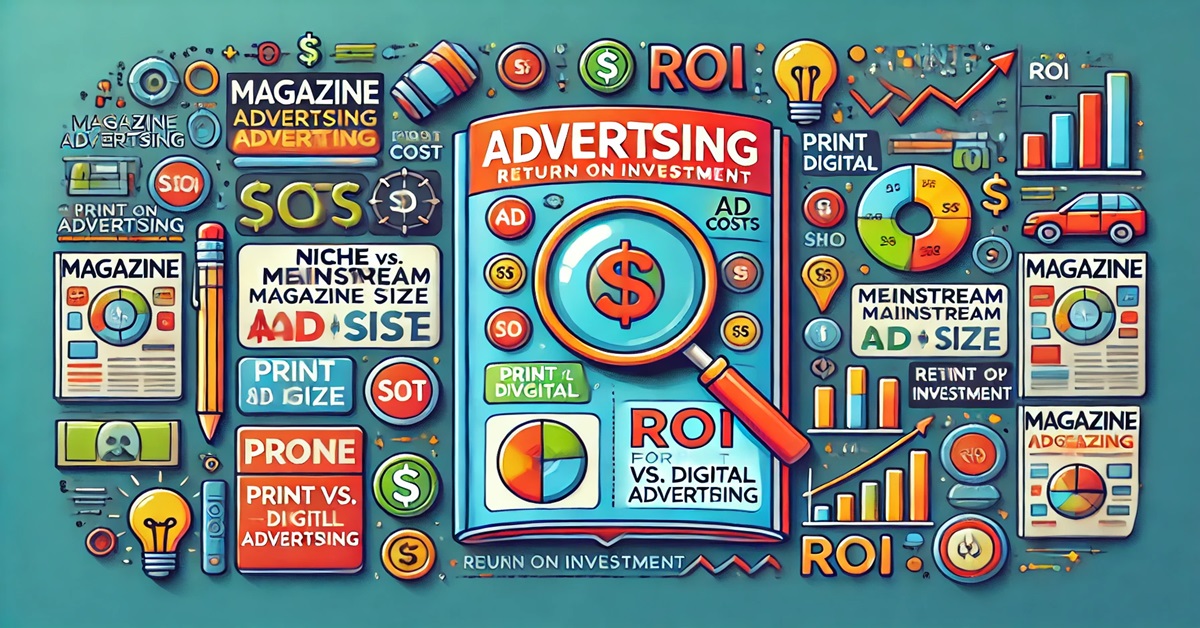 Vector illustration of magazine ad costs, niche vs. mainstream ads, print vs. digital comparison, and ROI measurement