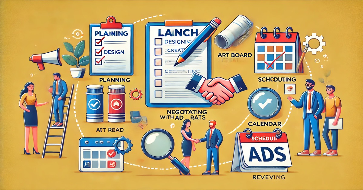 Vector illustration of magazine ad campaign steps with icons for planning, design, negotiation, scheduling, and review