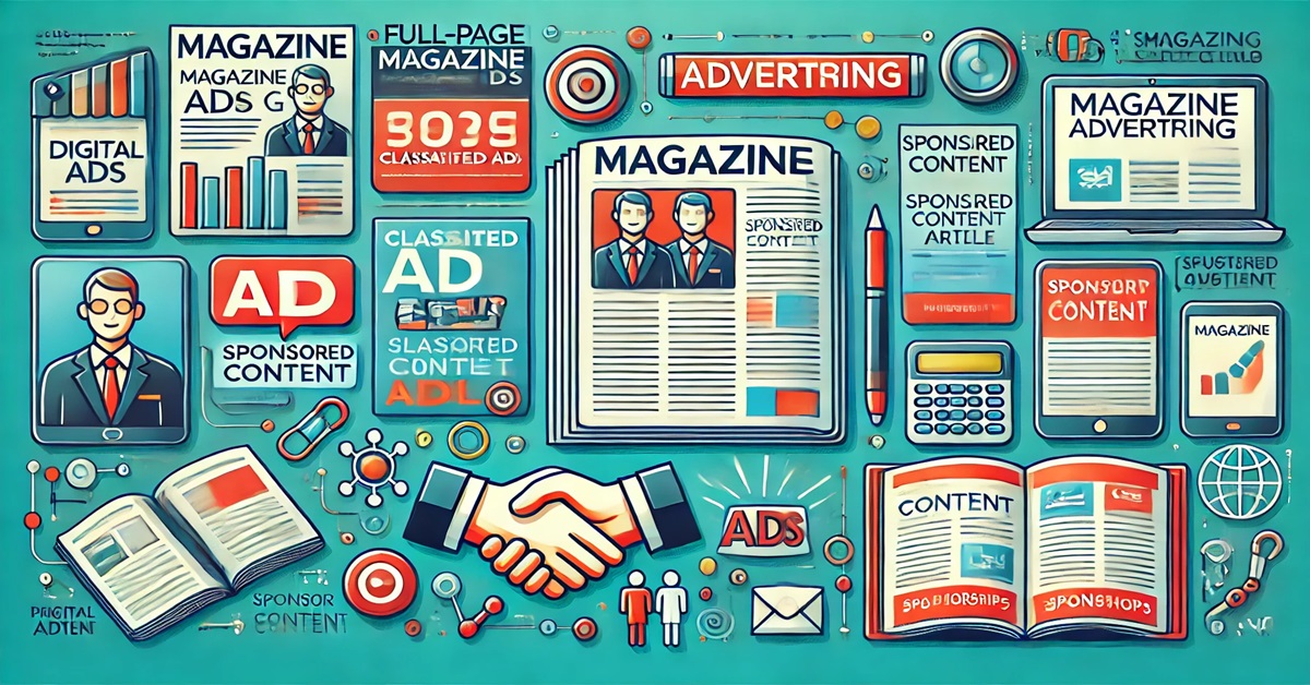 Vector illustration of magazine advertising types, including print ads, classified ads, digital banners, sponsored content, and inserts