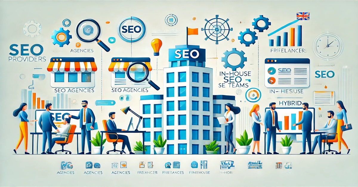 Vector illustration of various SEO provider types using icons