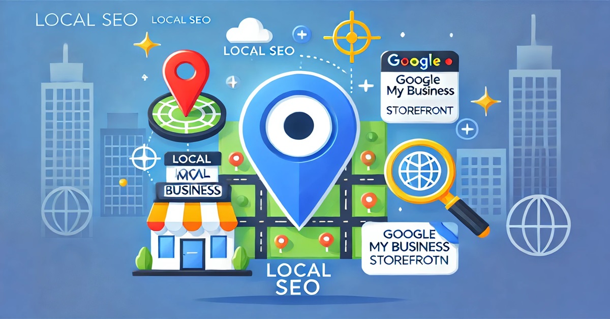 Vector illustration of Local SEO with icons for map pin, local listings, and keyword optimization